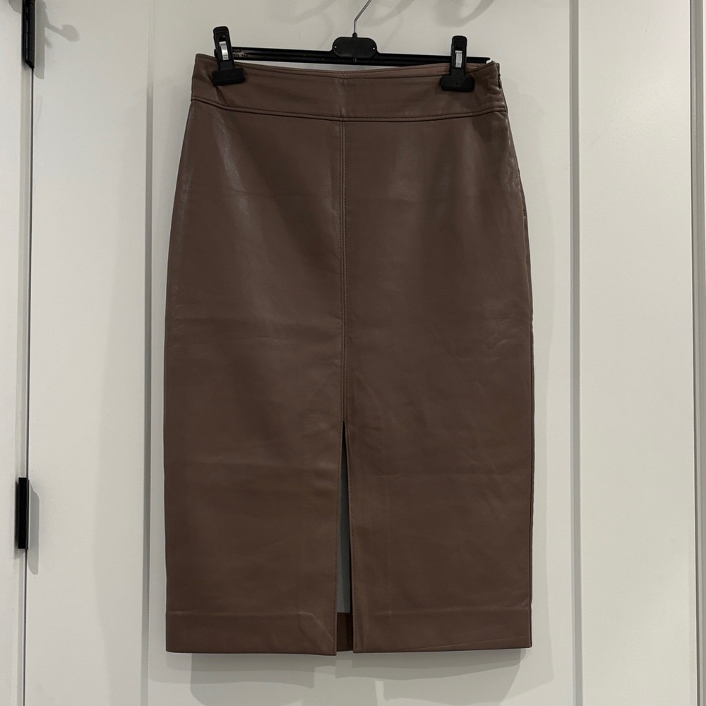 Babaton Taupe Faux Leather Pencil Midi Skirt